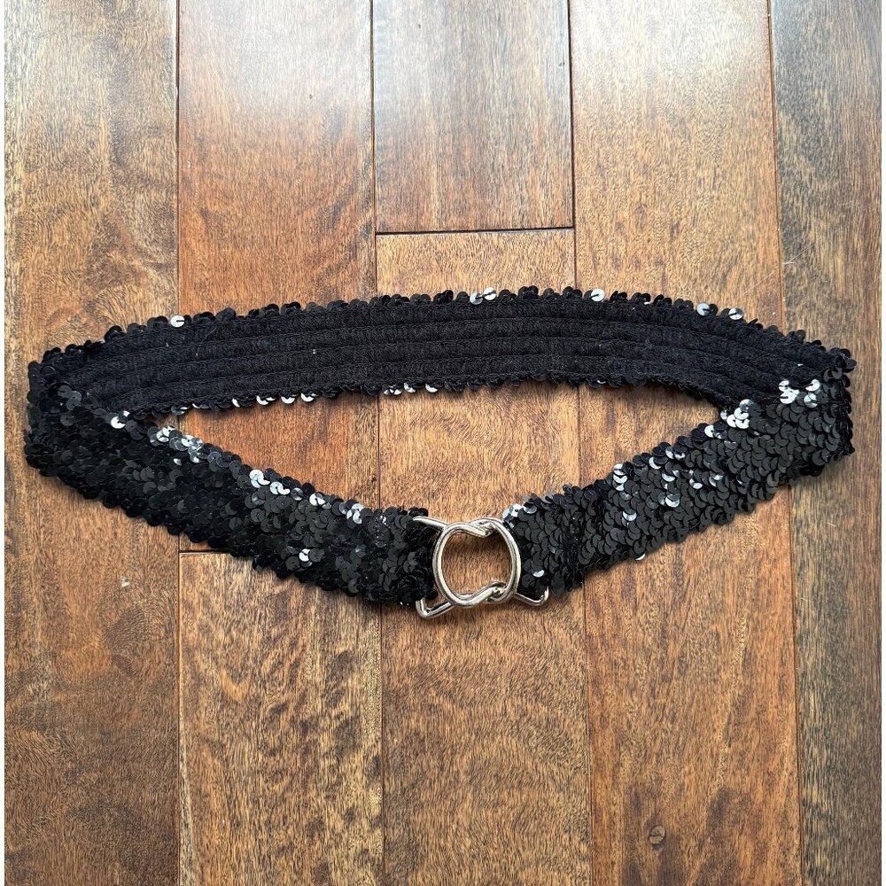 y2k vintage black sequin stretch elastic silver buckle belt plus size large